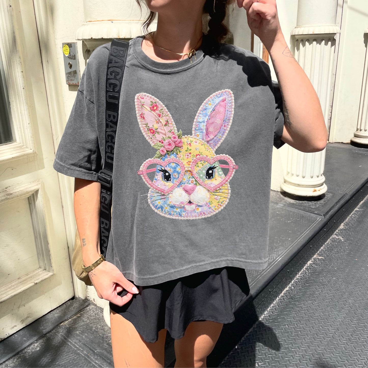 Patchwork Bunny Crop Top, Cute Easter Bunny Graphic Shirt