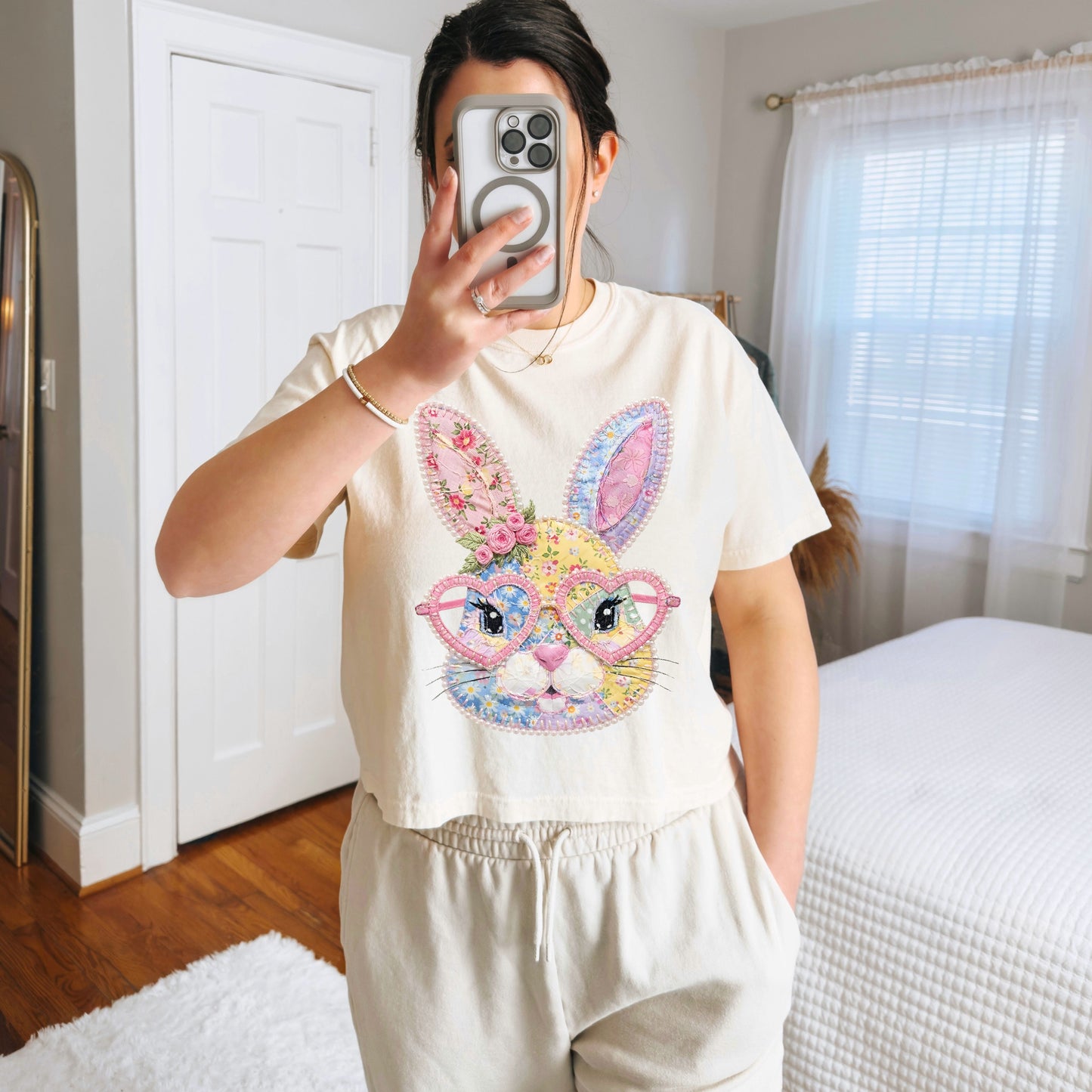 Patchwork Bunny Crop Top, Cute Easter Bunny Graphic Shirt