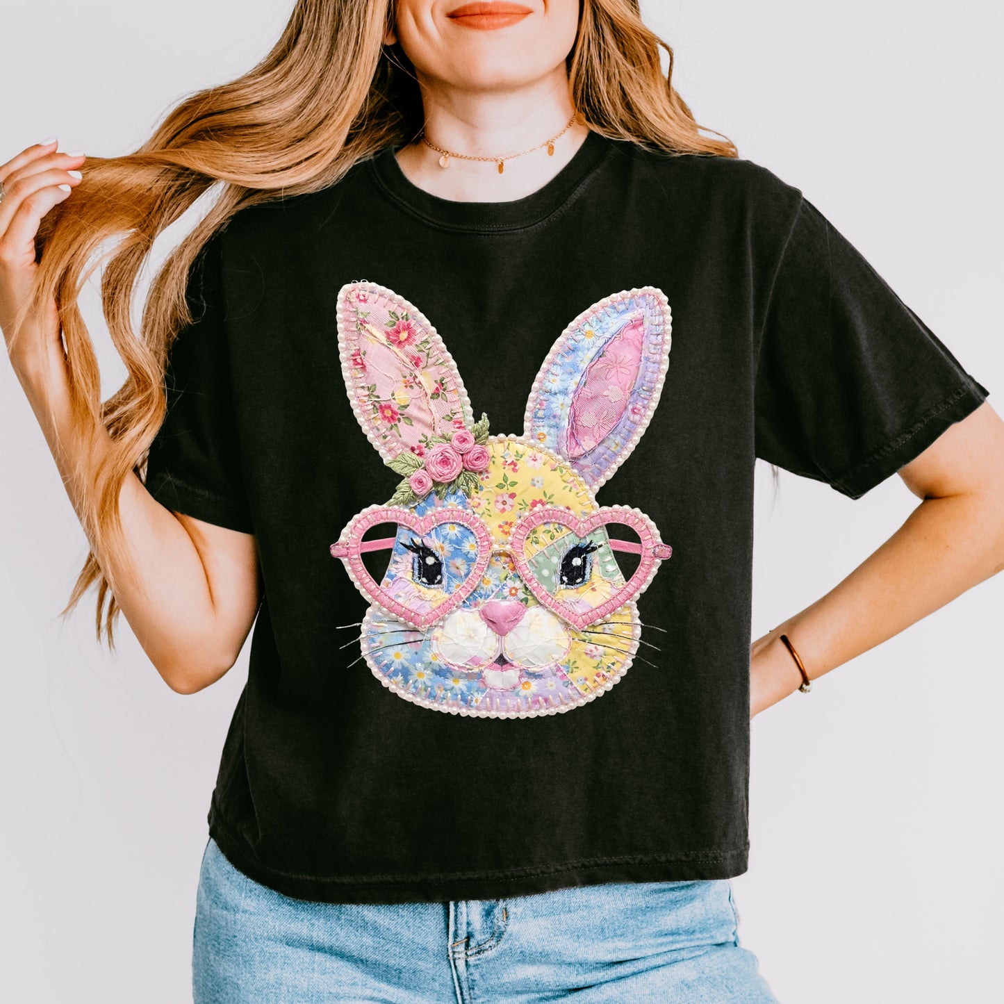 Patchwork Bunny Crop Top, Cute Easter Bunny Graphic Shirt