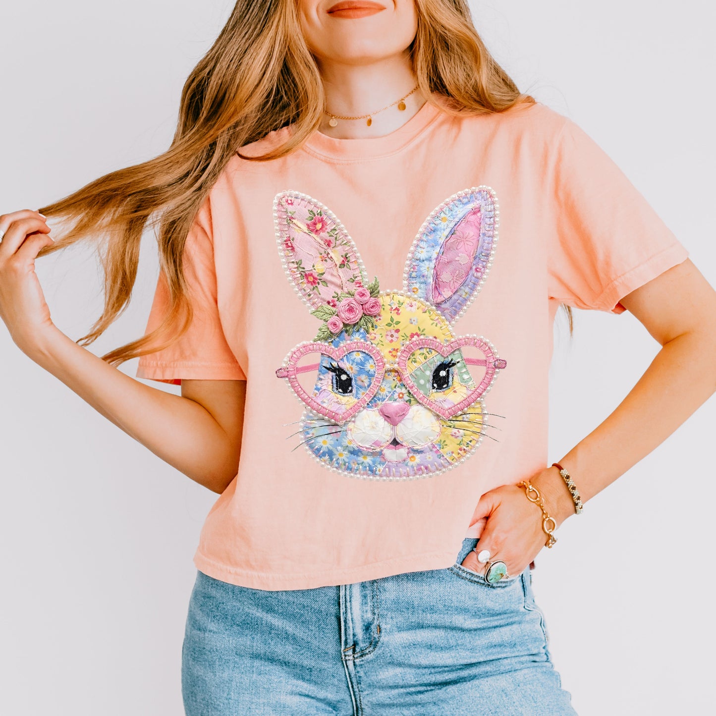 Patchwork Bunny Crop Top, Cute Easter Bunny Graphic Shirt