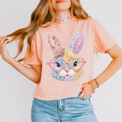 Patchwork Bunny Crop Top, Cute Easter Bunny Graphic Shirt