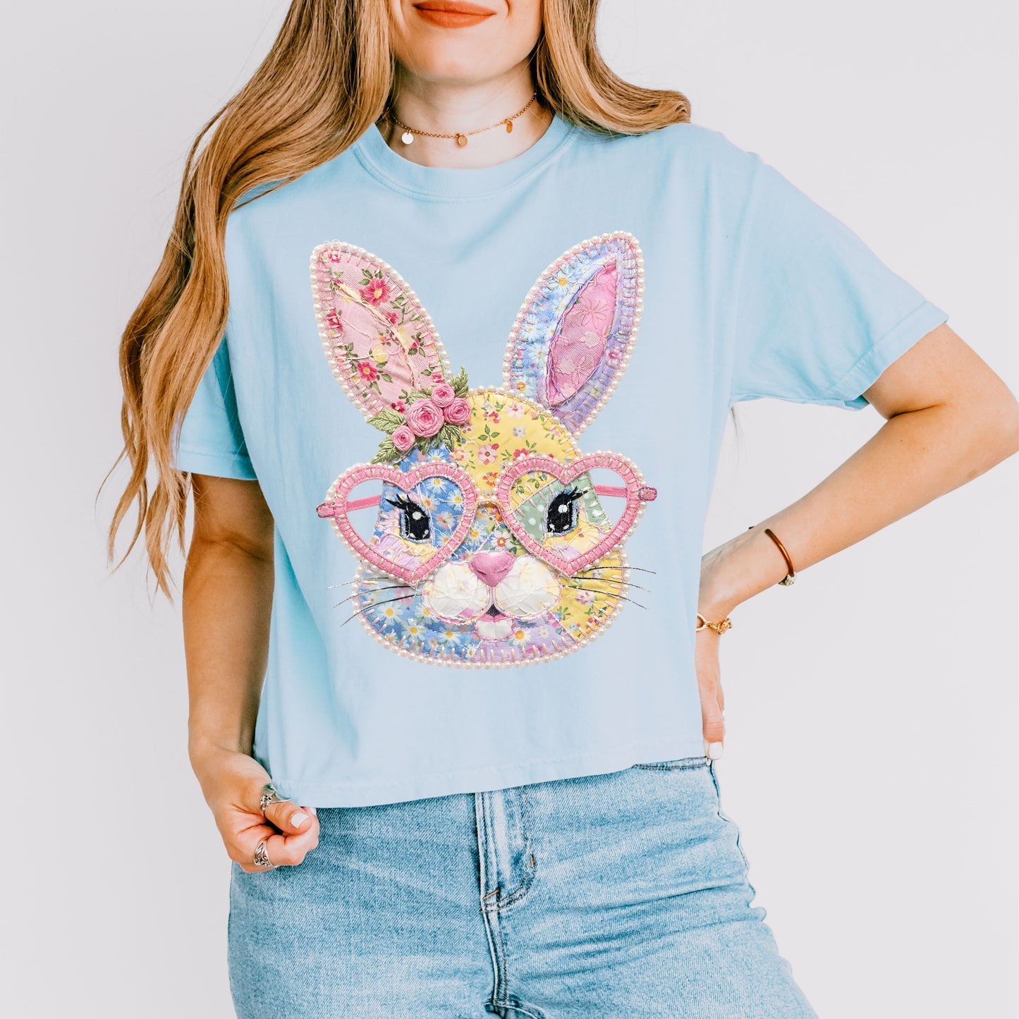 Patchwork Bunny Crop Top, Cute Easter Bunny Graphic Shirt