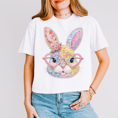 Patchwork Bunny Crop Top, Cute Easter Bunny Graphic Shirt