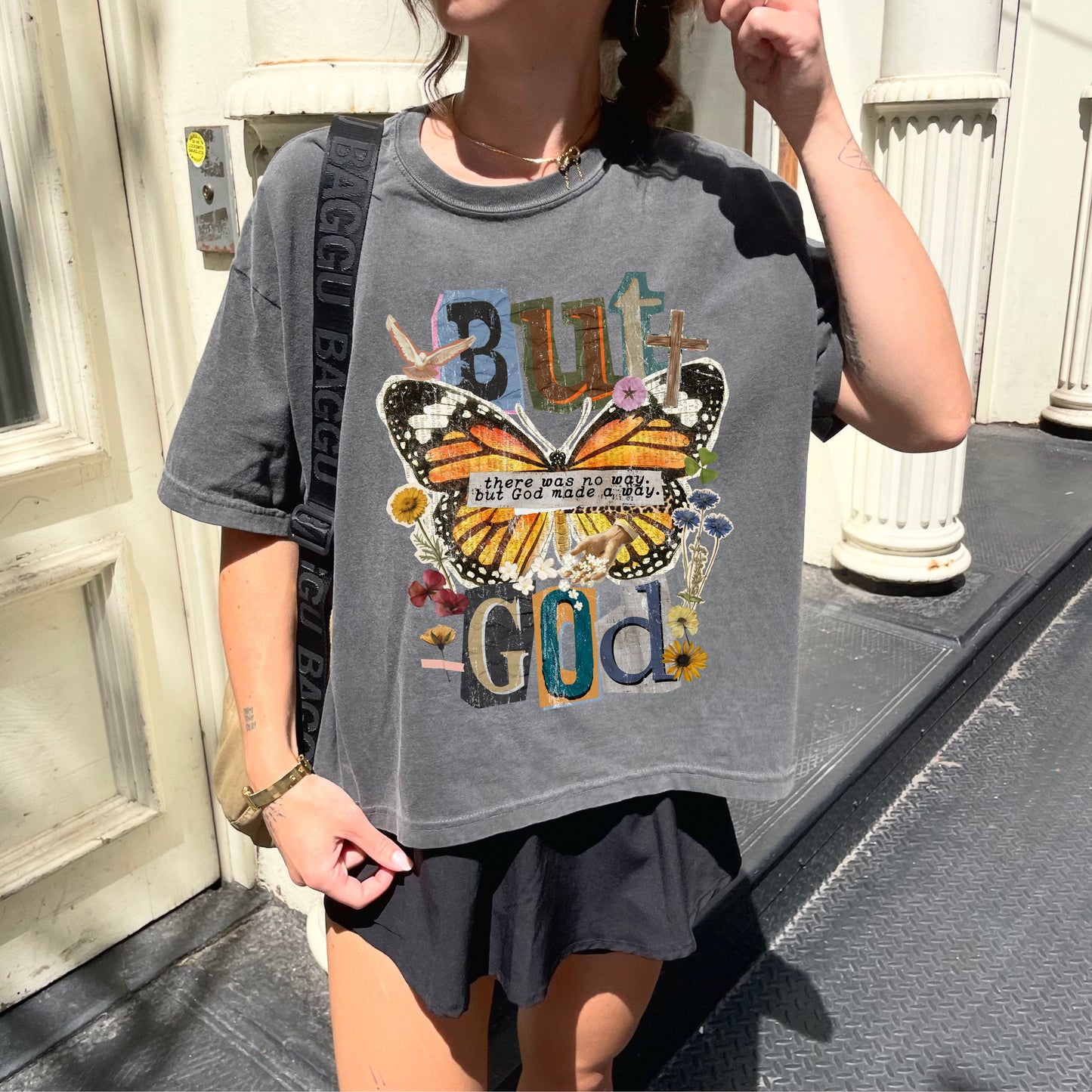 But God Butterfly Graphic Crop Top – Faith Based Inspirational Tee