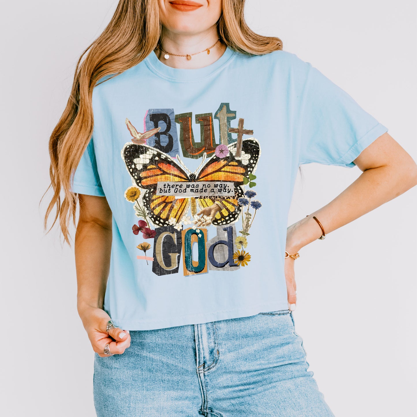 But God Butterfly Graphic Crop Top – Faith Based Inspirational Tee