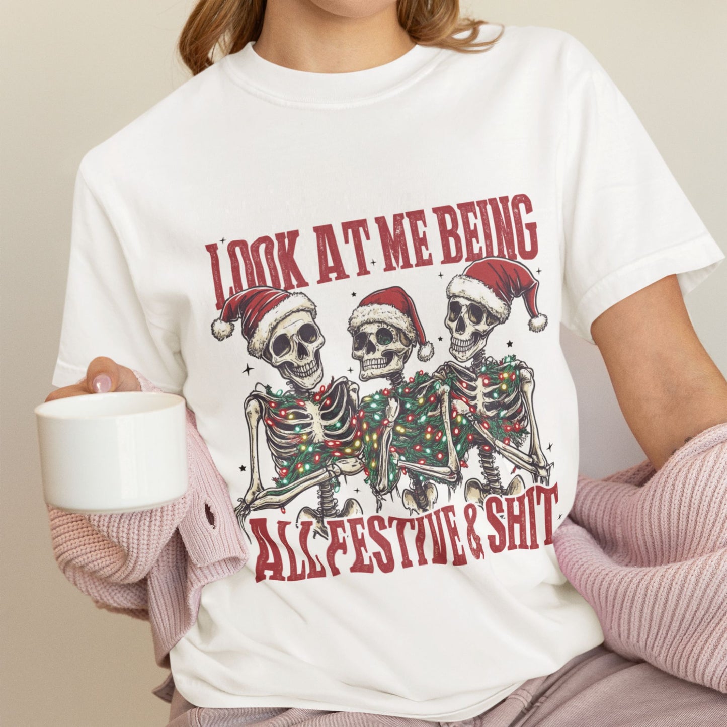 Funny Christmas Skeleton T-Shirt – Look At Me Being All Festive Graphic Tee | Comfort Colors® Holiday Shirt