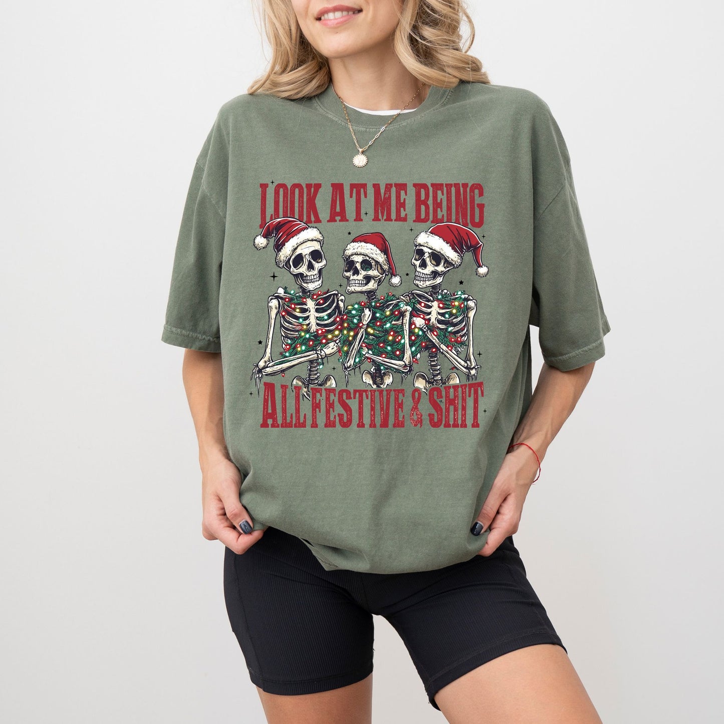 Funny Christmas Skeleton T-Shirt – Look At Me Being All Festive Graphic Tee | Comfort Colors® Holiday Shirt