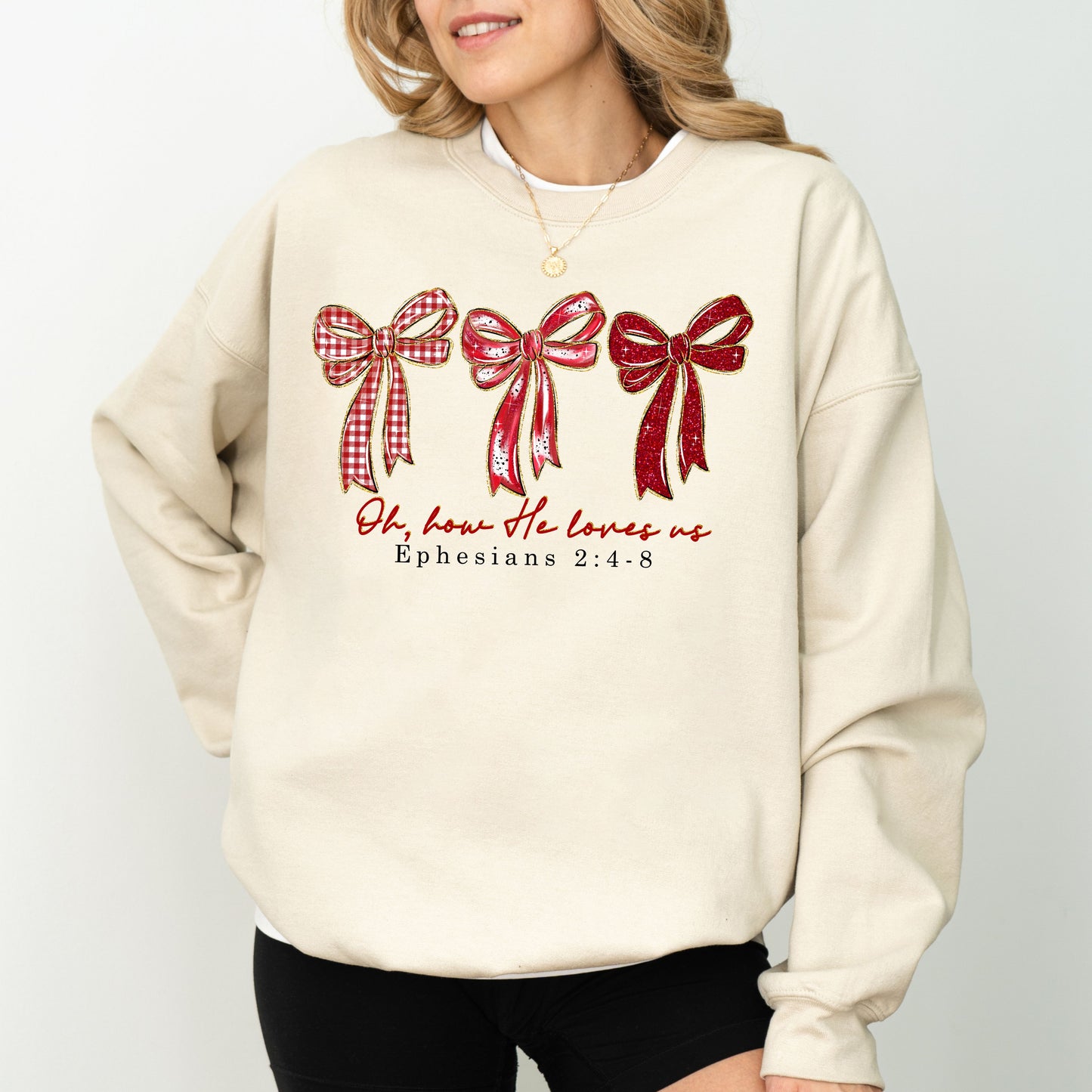 Oh How He Loves Us Bow Sweatshirt, Christian Valentine Crewneck, Ephesians 2:4–8 Faith Sweatshirt