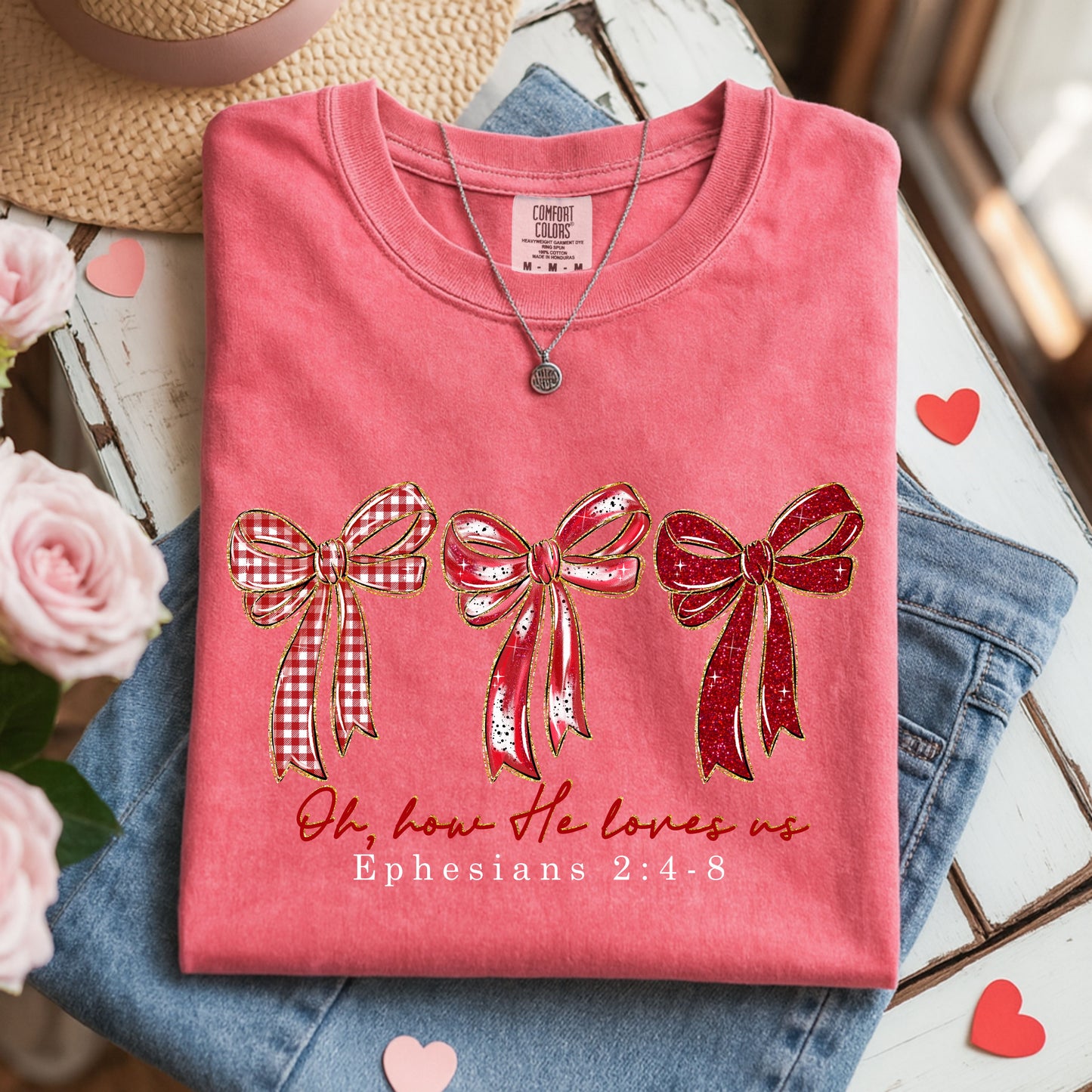 Coquette Christian Bow T Shirt, Valentine Faith Graphic Tee, Ephesians 2:4-8 Scripture Shirt