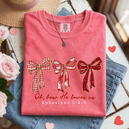 Coquette Christian Bow T Shirt, Valentine Faith Graphic Tee, Ephesians 2:4-8 Scripture Shirt