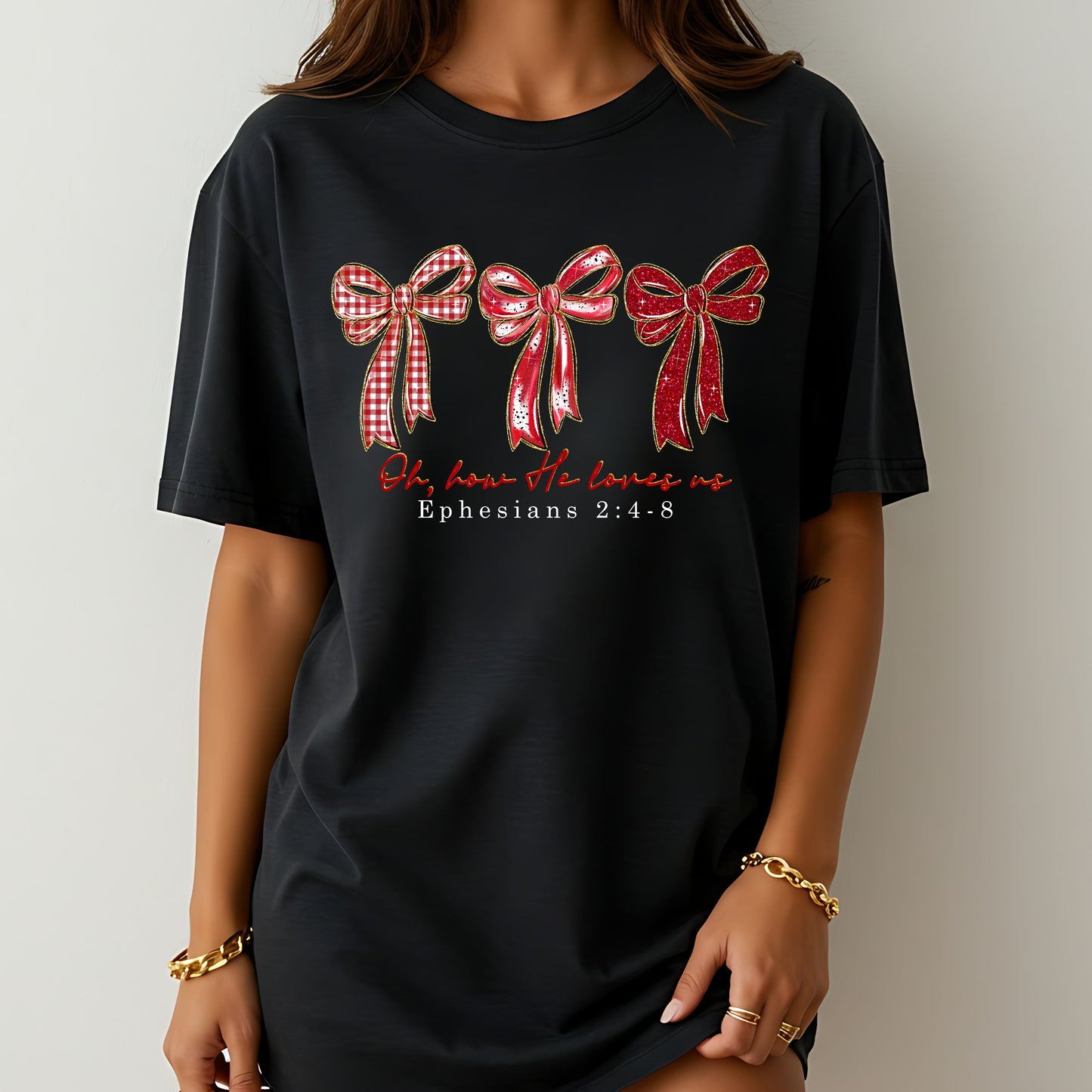 Coquette Christian Bow T Shirt, Valentine Faith Graphic Tee, Ephesians 2:4-8 Scripture Shirt