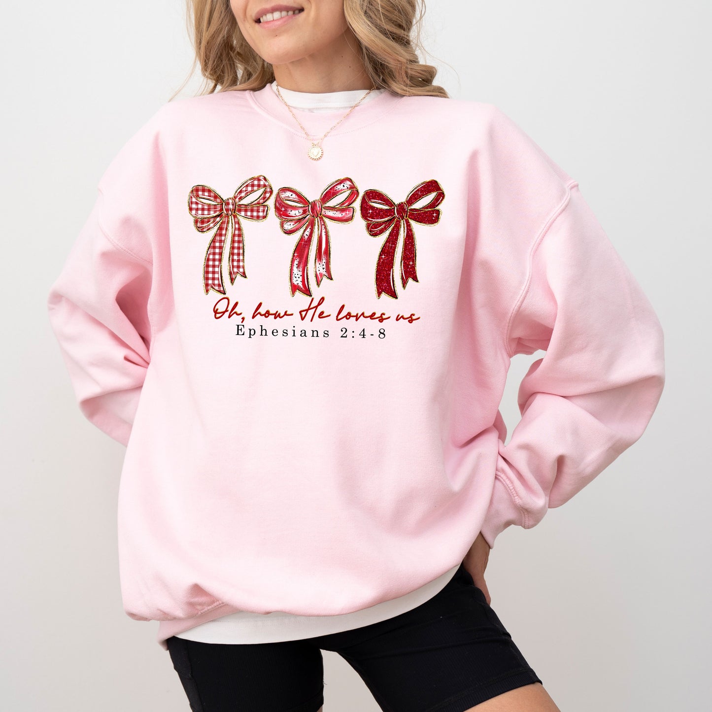 Oh How He Loves Us Bow Sweatshirt, Christian Valentine Crewneck, Ephesians 2:4–8 Faith Sweatshirt