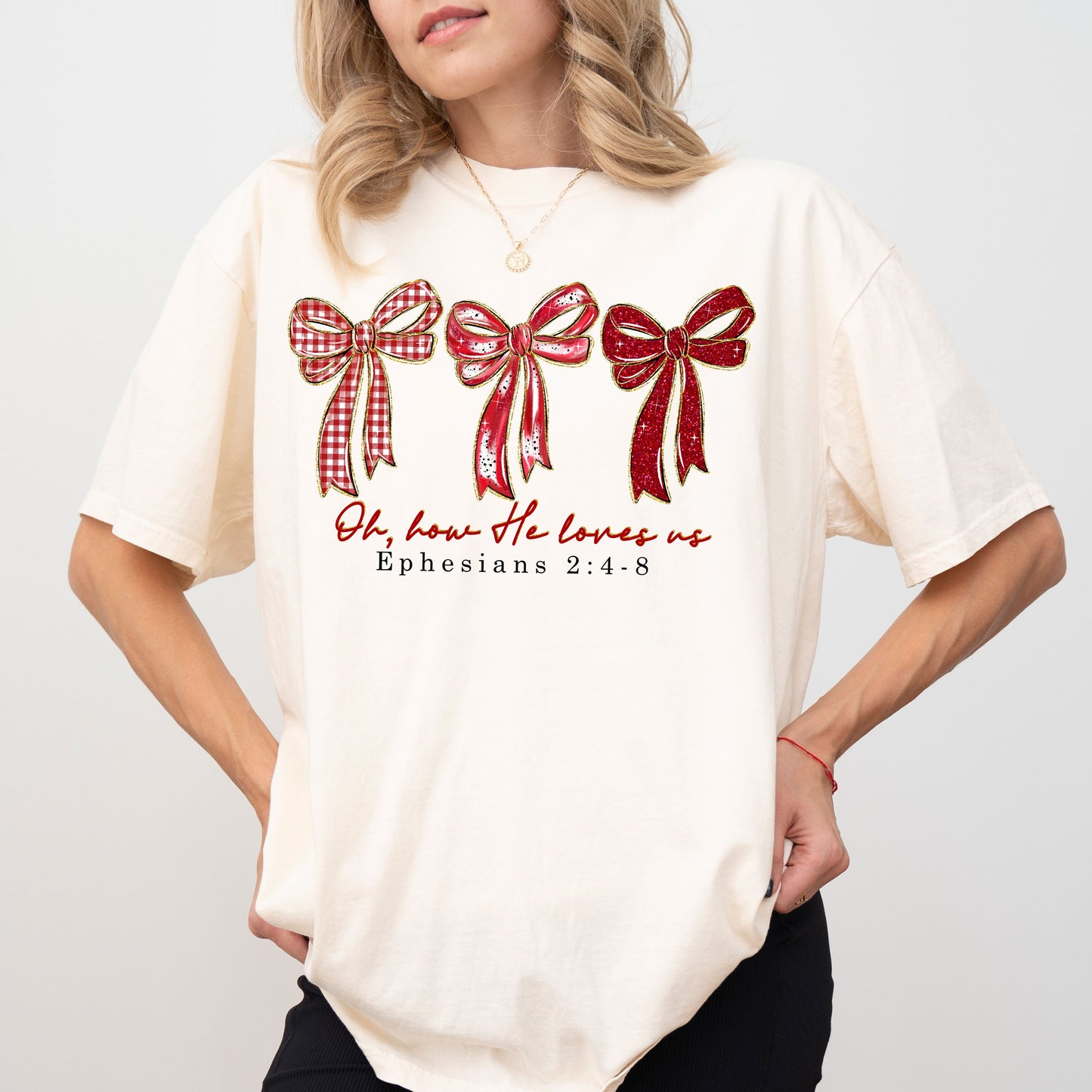Coquette Christian Bow T Shirt, Valentine Faith Graphic Tee, Ephesians 2:4-8 Scripture Shirt