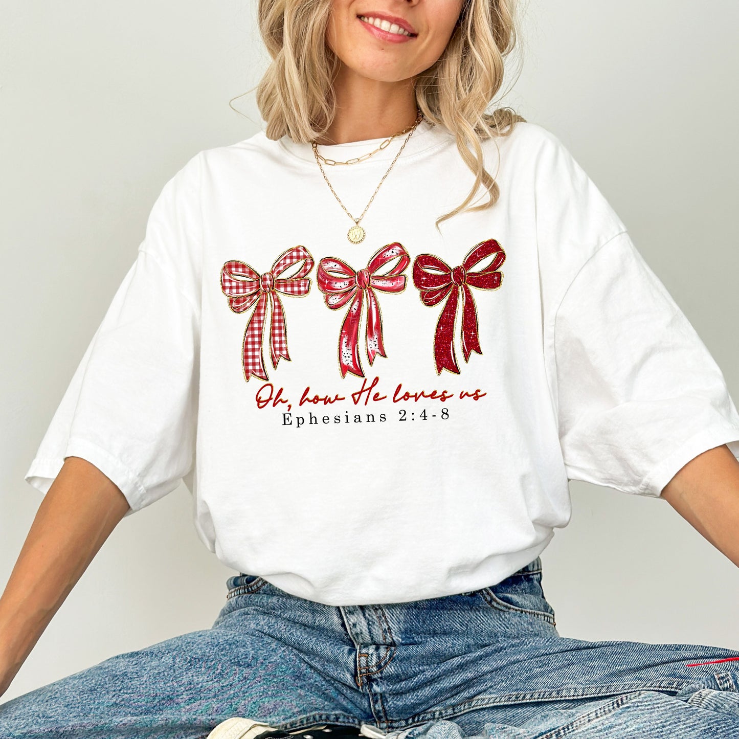 Coquette Christian Bow T Shirt, Valentine Faith Graphic Tee, Ephesians 2:4-8 Scripture Shirt