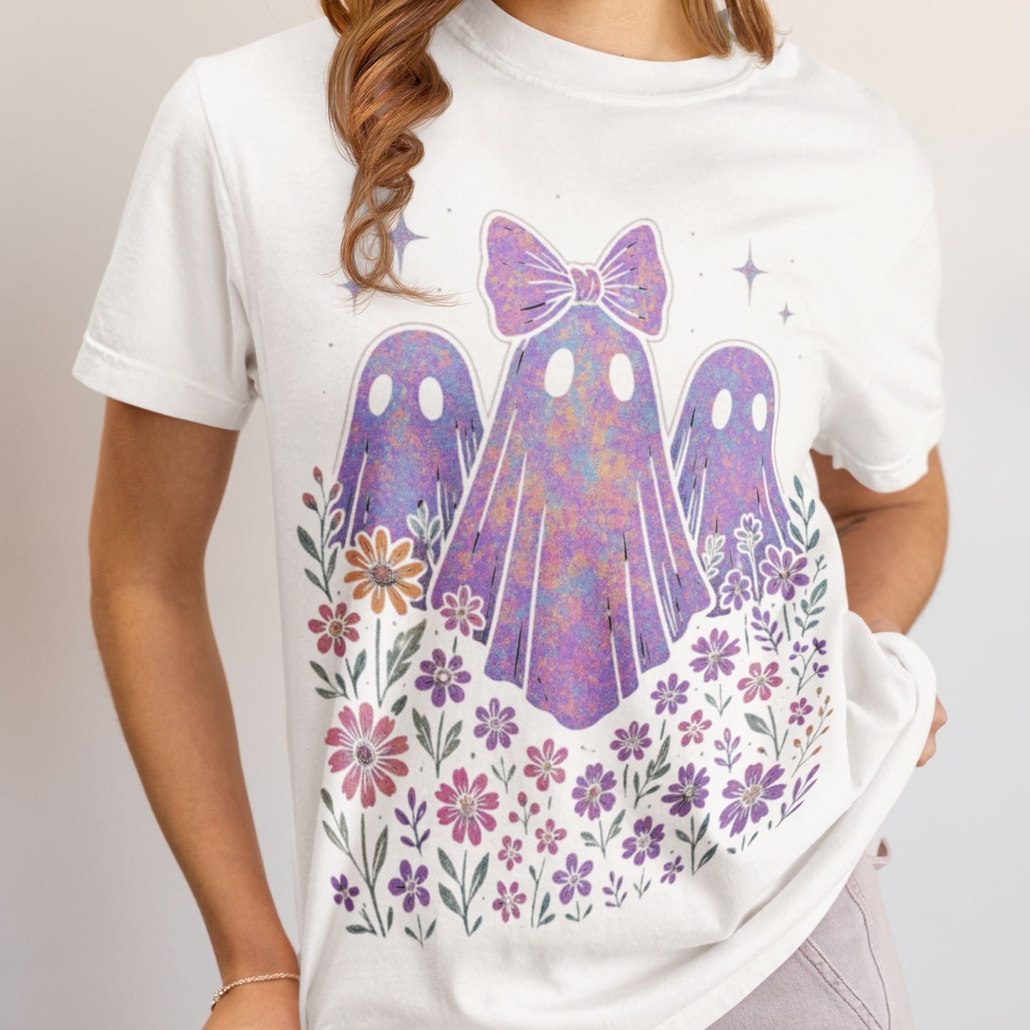 Coquette Floral Ghosts T-Shirt – Pastel Spooky Cute Graphic on Comfort Colors® Tee