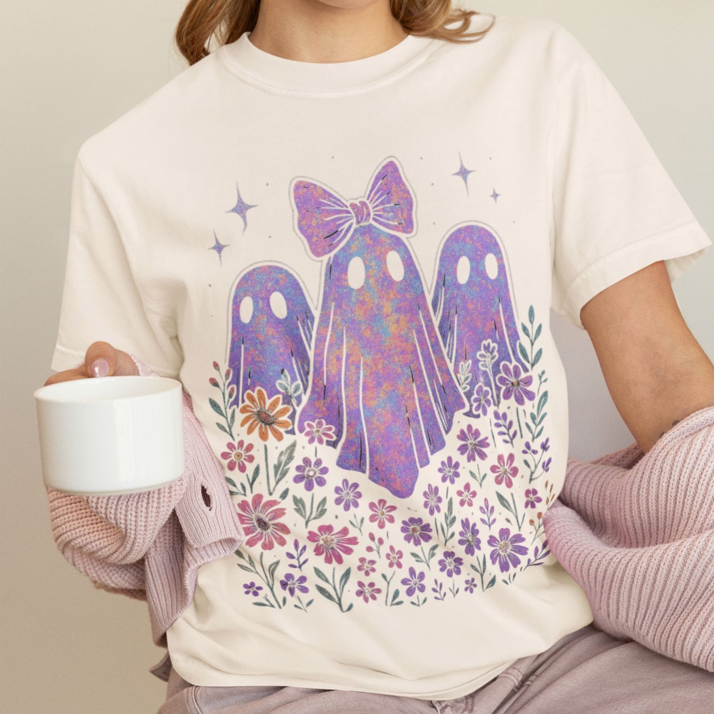 Coquette Floral Ghosts T-Shirt – Pastel Spooky Cute Graphic on Comfort Colors® Tee