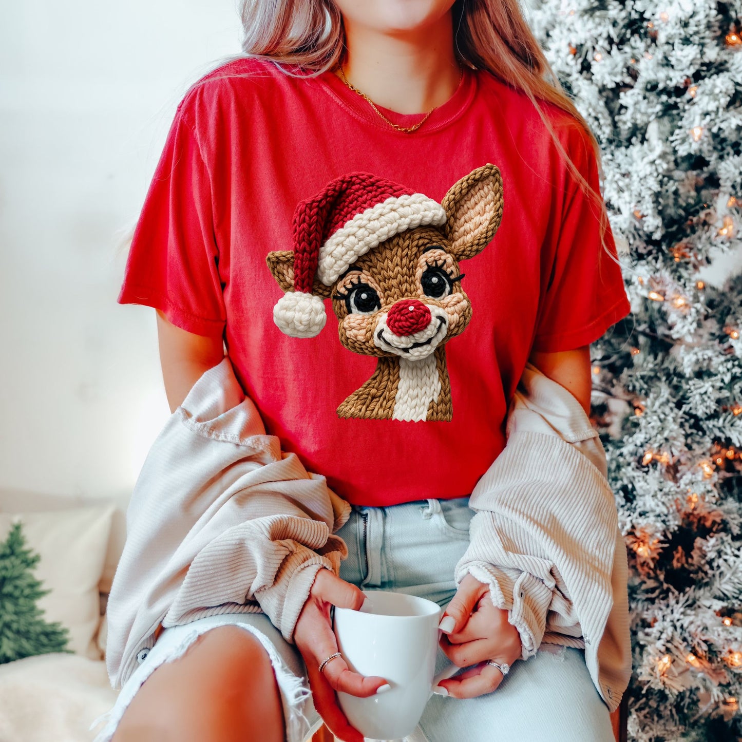 Faux Crochet Reindeer Christmas Shirt – Cute Holiday Unisex Tee