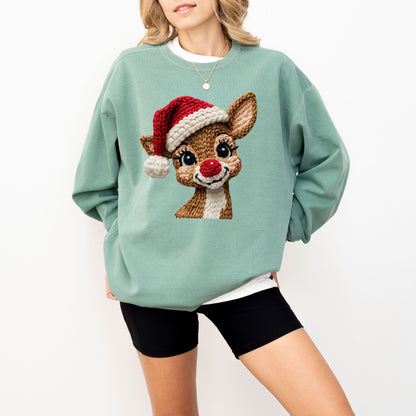 Comfort Colors® Faux Crochet Reindeer Christmas Sweatshirt – Graphic Holiday Pullover