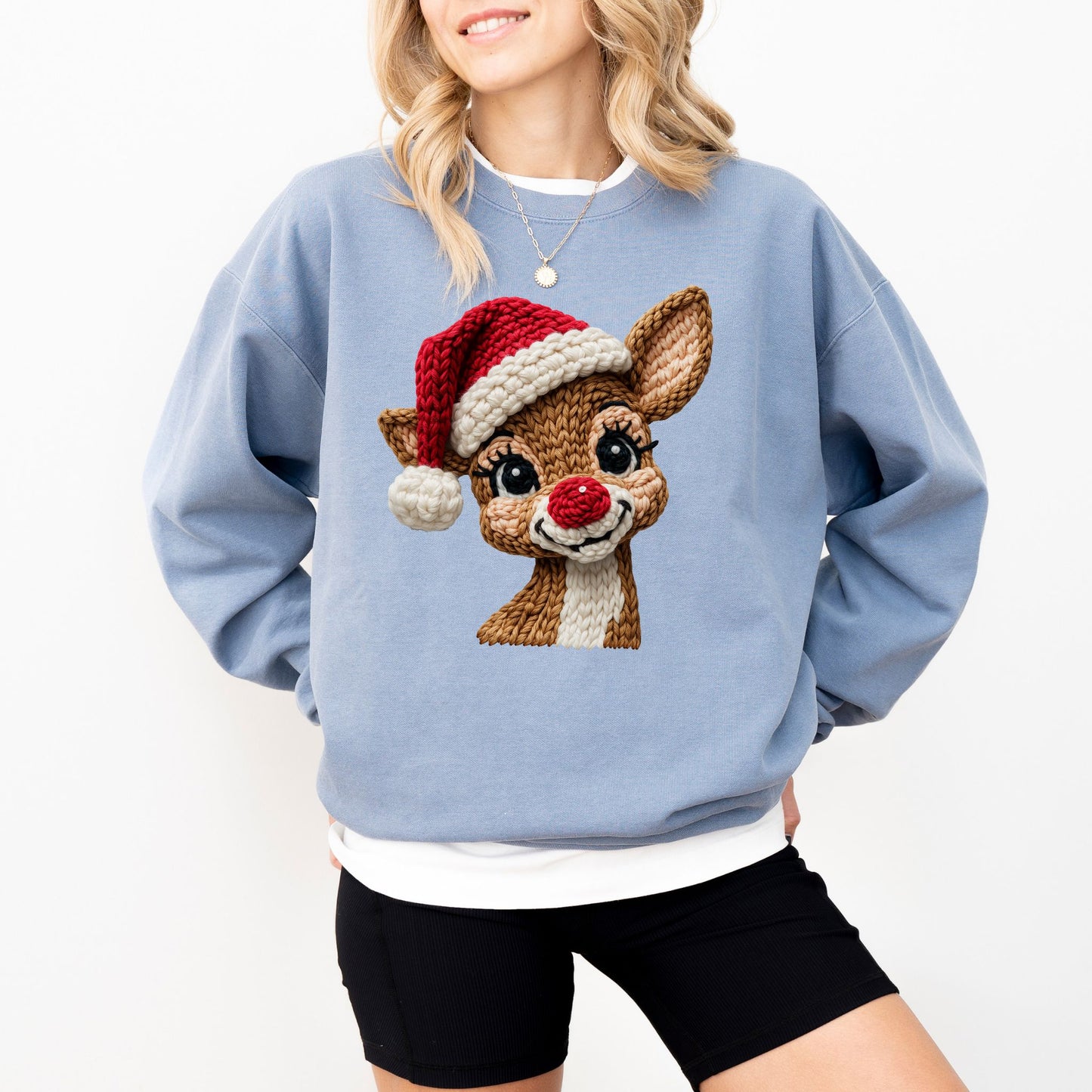 Comfort Colors® Faux Crochet Reindeer Christmas Sweatshirt – Graphic Holiday Pullover