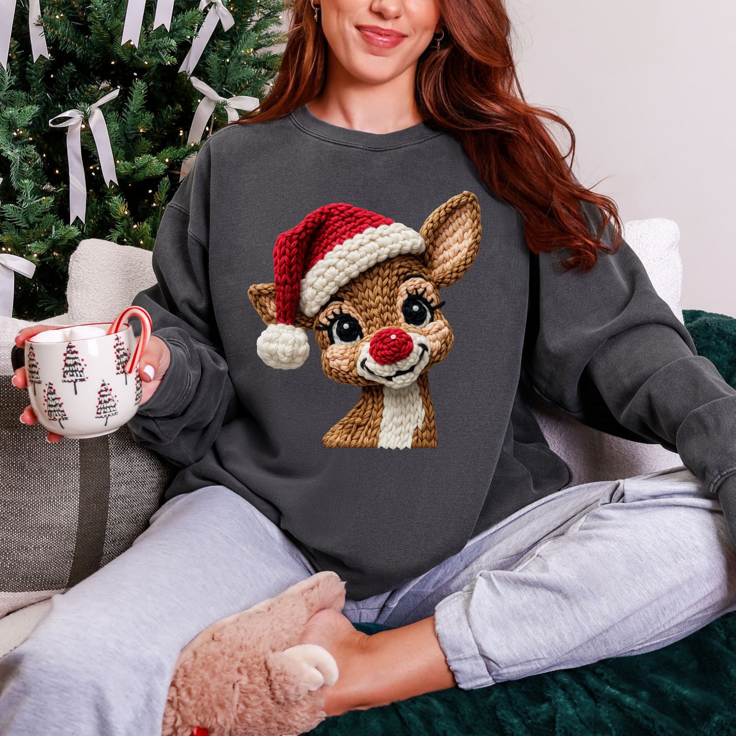 Comfort Colors® Faux Crochet Reindeer Christmas Sweatshirt – Graphic Holiday Pullover