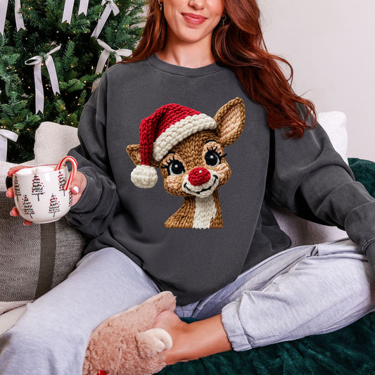 Comfort Colors® Faux Crochet Reindeer Christmas Sweatshirt – Graphic Holiday Pullover
