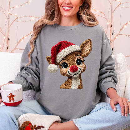 Comfort Colors® Faux Crochet Reindeer Christmas Sweatshirt – Graphic Holiday Pullover