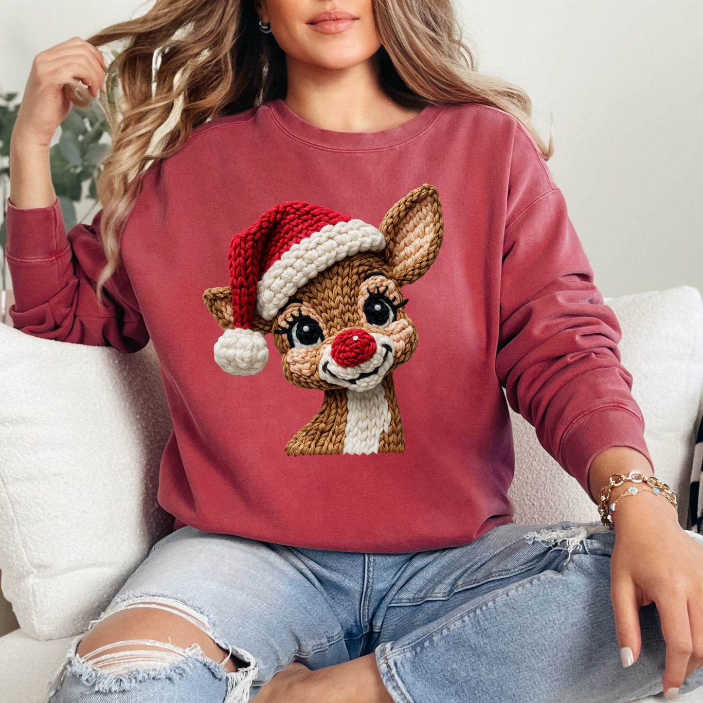 Comfort Colors® Faux Crochet Reindeer Christmas Sweatshirt – Graphic Holiday Pullover