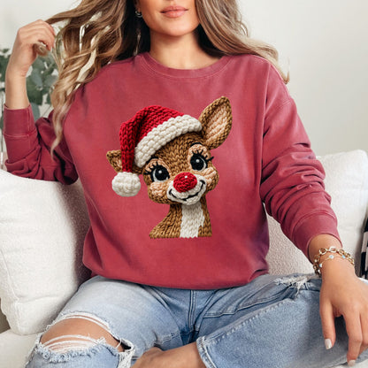 Comfort Colors® Faux Crochet Reindeer Christmas Sweatshirt – Graphic Holiday Pullover
