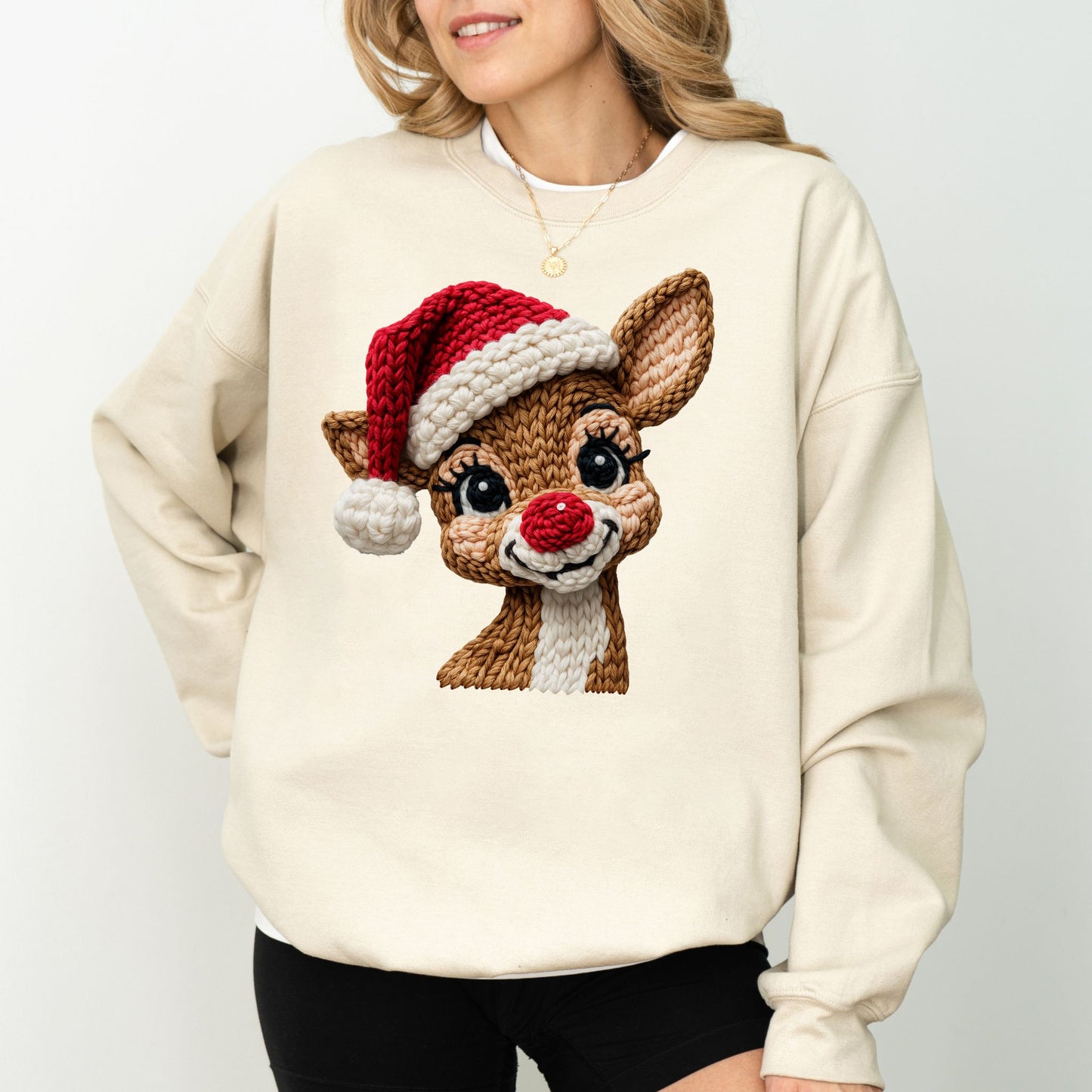 Faux Crochet Reindeer Christmas Sweatshirt – Cozy Holiday Pullover