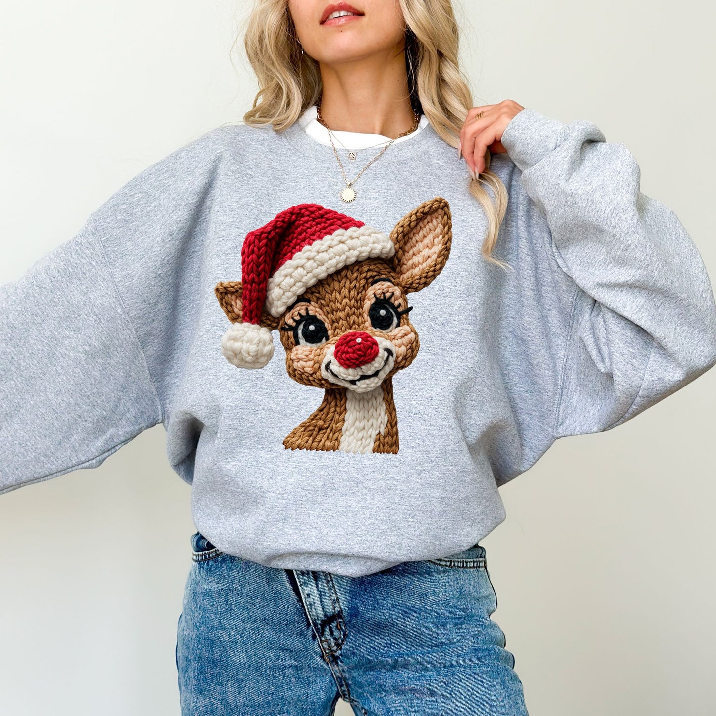 Faux Crochet Reindeer Christmas Sweatshirt – Cozy Holiday Pullover