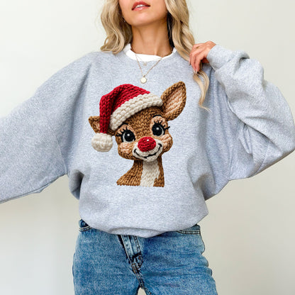 Faux Crochet Reindeer Christmas Sweatshirt – Cozy Holiday Pullover