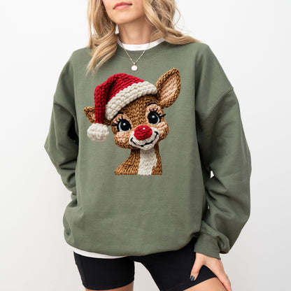 Faux Crochet Reindeer Christmas Sweatshirt – Cozy Holiday Pullover