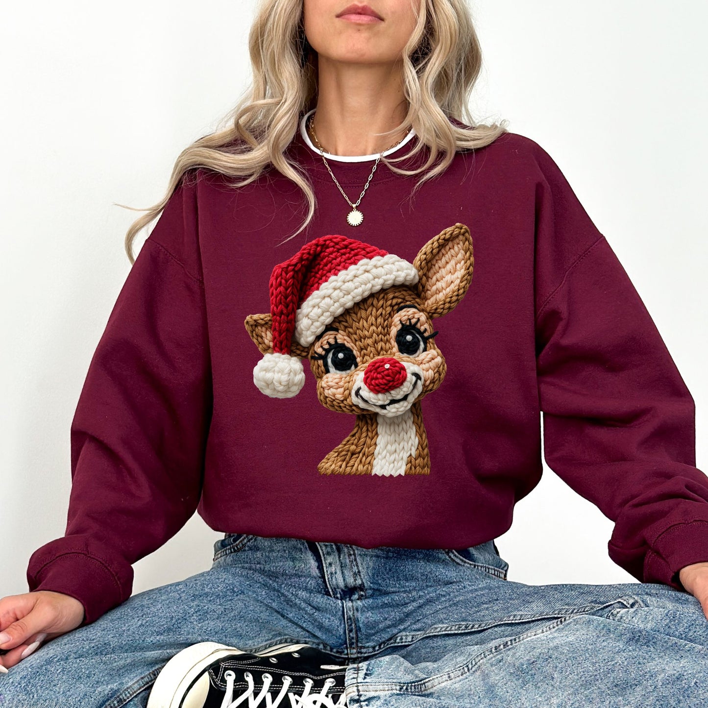 Faux Crochet Reindeer Christmas Sweatshirt – Cozy Holiday Pullover