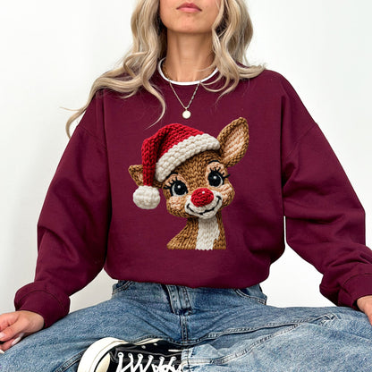Faux Crochet Reindeer Christmas Sweatshirt – Cozy Holiday Pullover