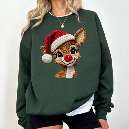 Faux Crochet Reindeer Christmas Sweatshirt – Cozy Holiday Pullover