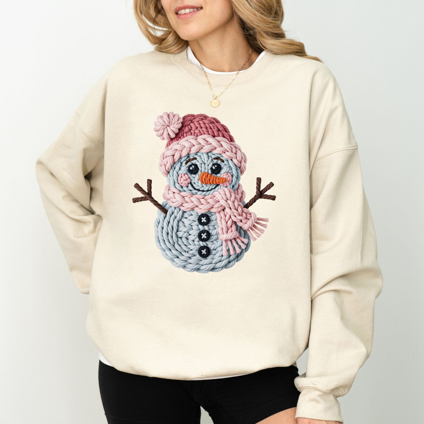 Faux Crochet Snowman Sweatshirt, Cute Winter Holiday Sweater, Cozy Christmas Crewneck for Women