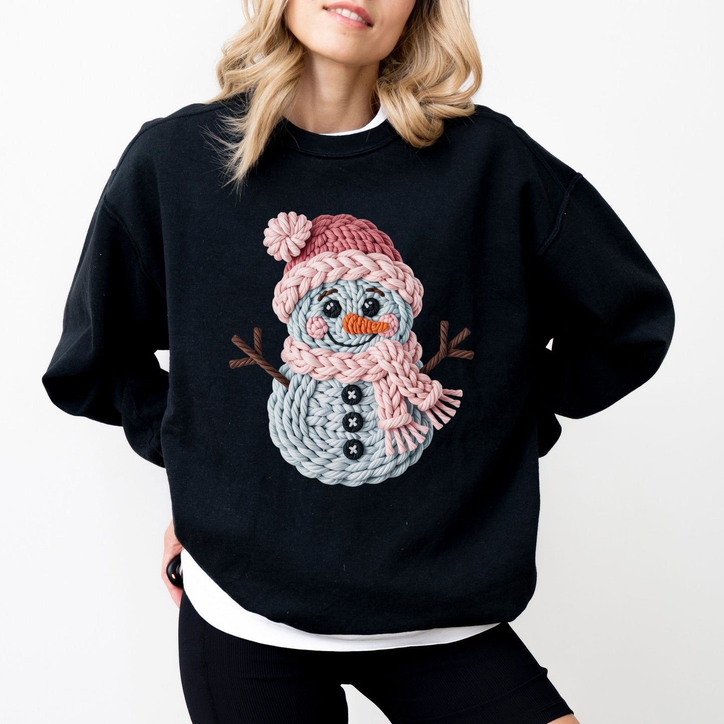 Faux Crochet Snowman Sweatshirt, Cute Winter Holiday Sweater, Cozy Christmas Crewneck for Women