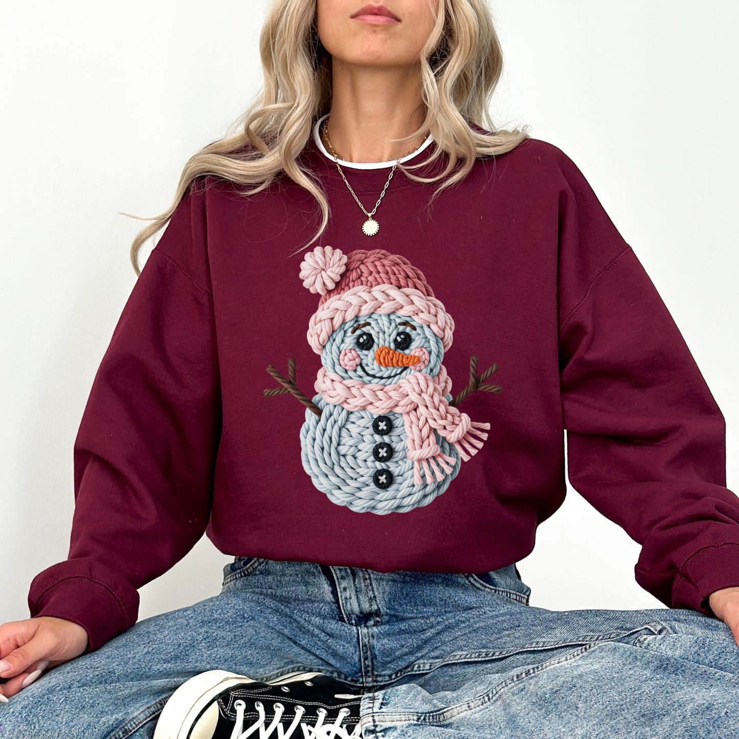Faux Crochet Snowman Sweatshirt, Cute Winter Holiday Sweater, Cozy Christmas Crewneck for Women