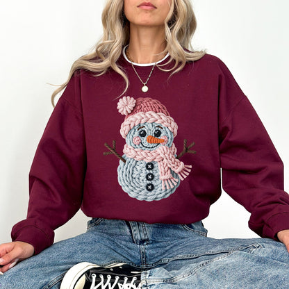 Faux Crochet Snowman Sweatshirt, Cute Winter Holiday Sweater, Cozy Christmas Crewneck for Women