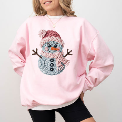 Faux Crochet Snowman Sweatshirt, Cute Winter Holiday Sweater, Cozy Christmas Crewneck for Women