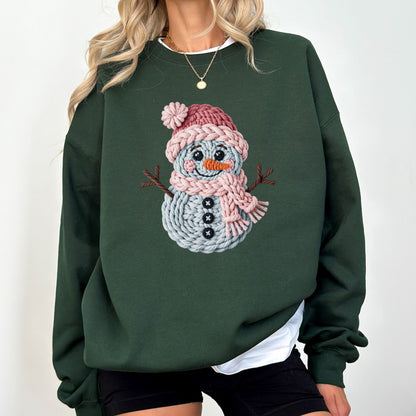 Faux Crochet Snowman Sweatshirt, Cute Winter Holiday Sweater, Cozy Christmas Crewneck for Women