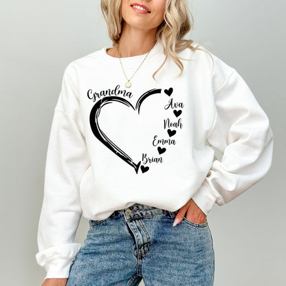 Custom Grandma Heart Sweatshirt – Personalized Grandkids Names Crewneck