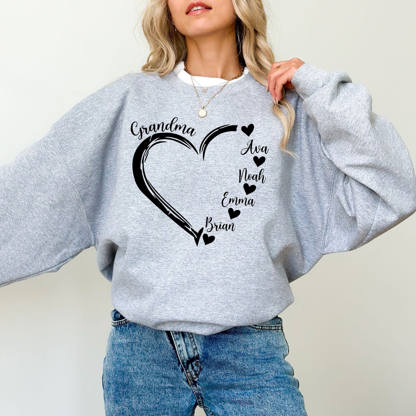 Custom Grandma Heart Sweatshirt – Personalized Grandkids Names Crewneck