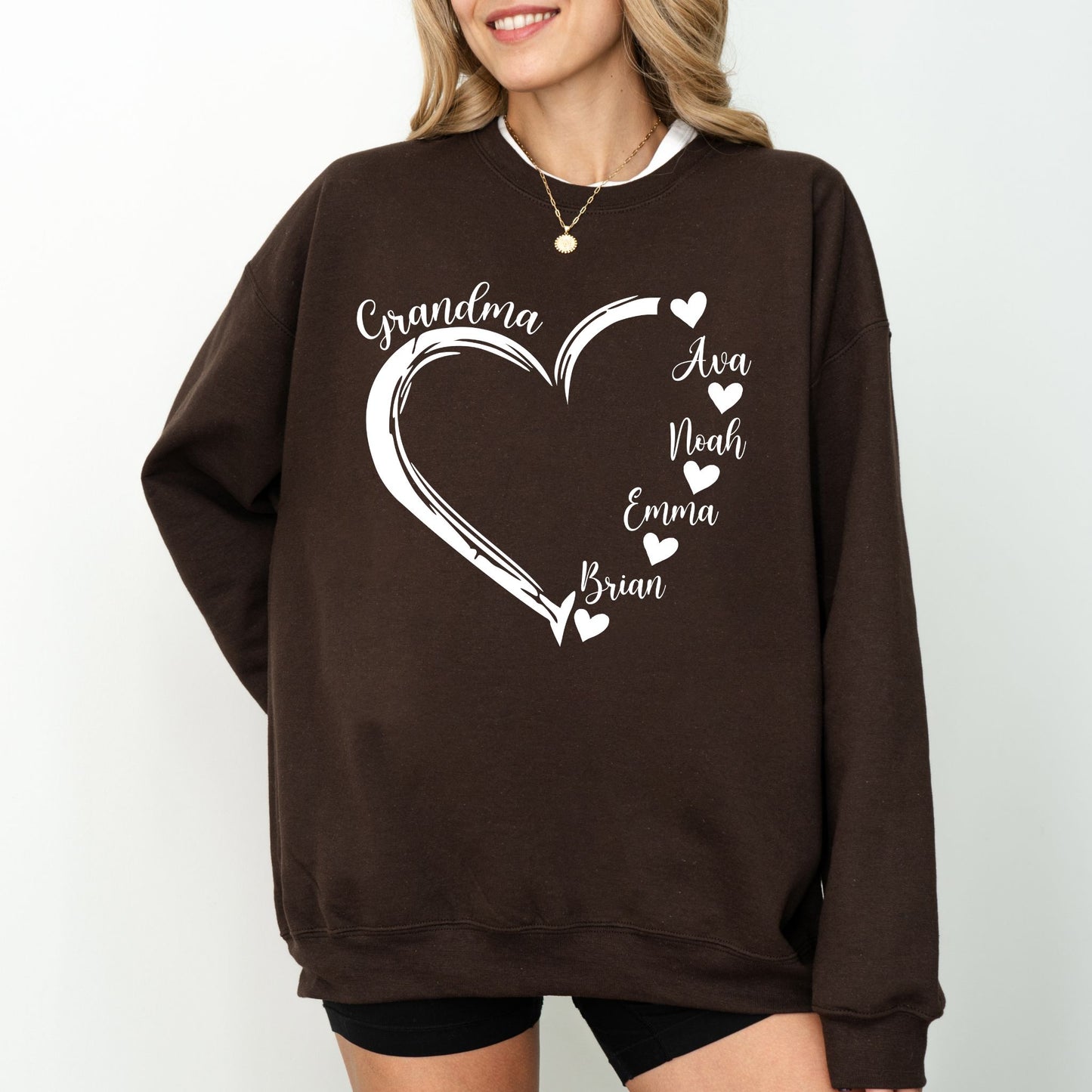 Custom Grandma Heart Sweatshirt – Personalized Grandkids Names Crewneck