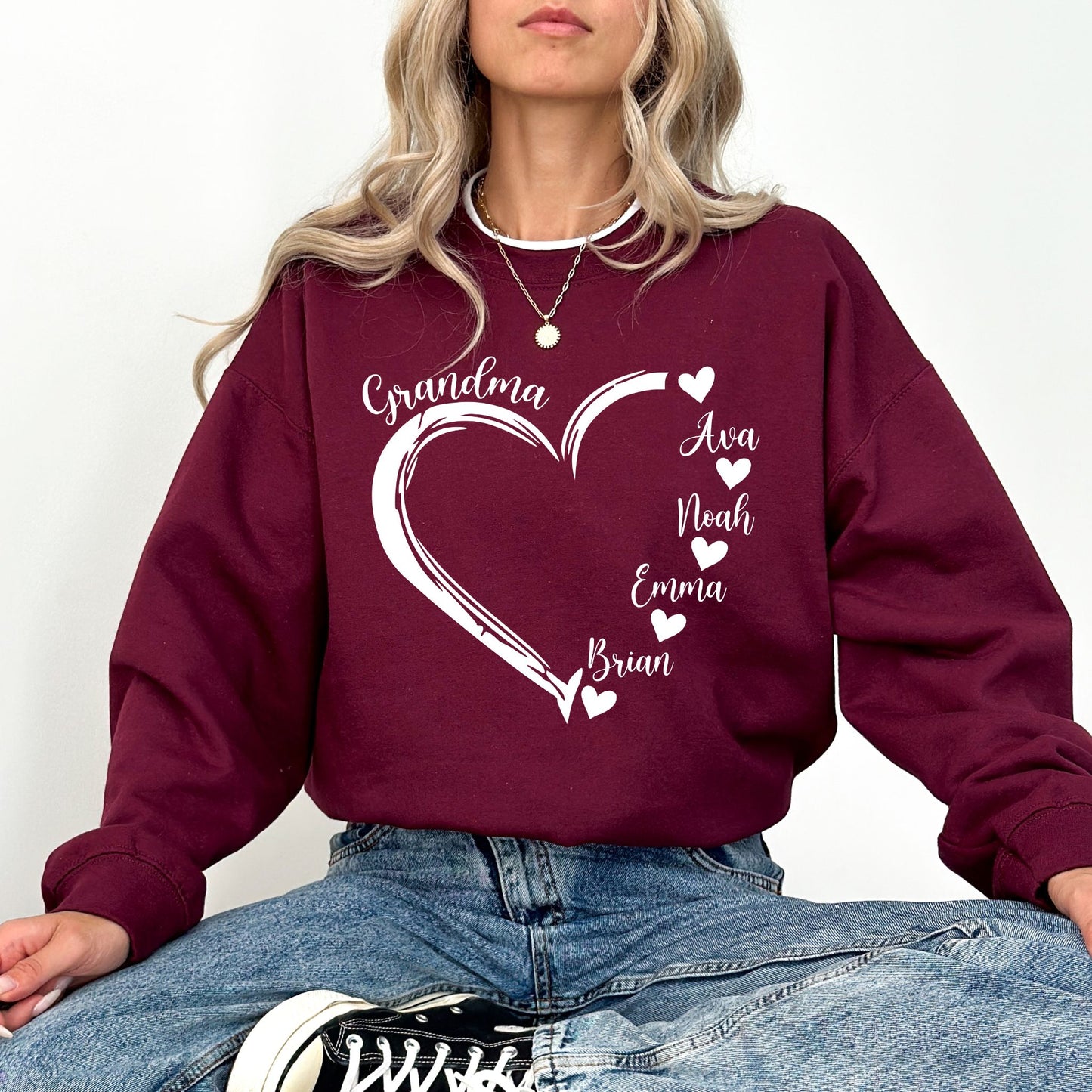 Custom Grandma Heart Sweatshirt – Personalized Grandkids Names Crewneck