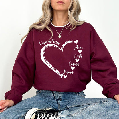 Custom Grandma Heart Sweatshirt – Personalized Grandkids Names Crewneck