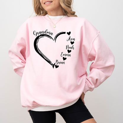 Custom Grandma Heart Sweatshirt – Personalized Grandkids Names Crewneck