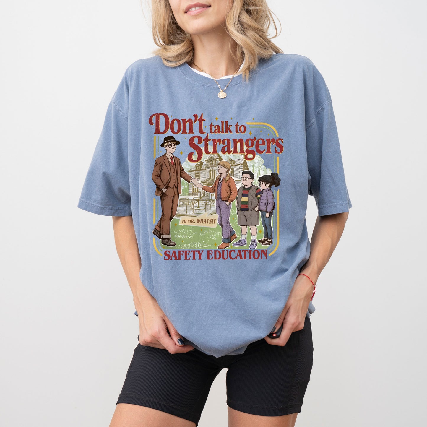 Don't Talk to Strangers Safety Education T-Shirt, Retro Graphic Tee, Funny Mr. Whatsit Apparel