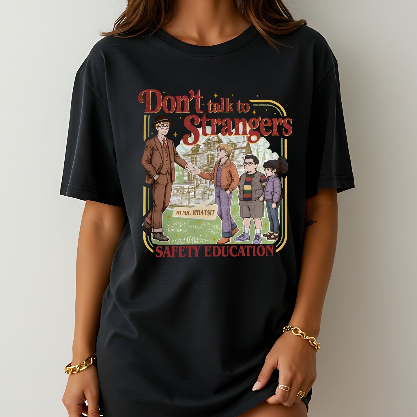 Don't Talk to Strangers Safety Education T-Shirt, Retro Graphic Tee, Funny Mr. Whatsit Apparel
