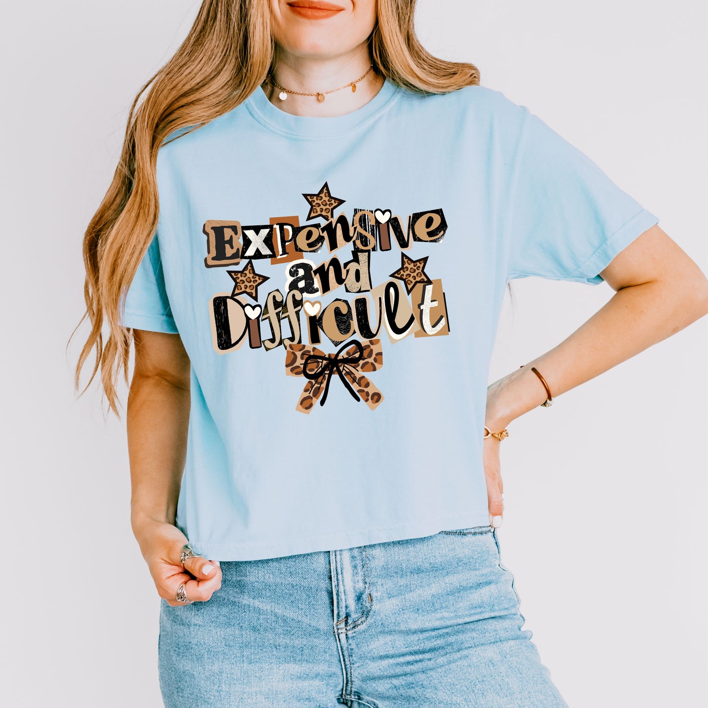 Expensive and Difficult Crop Top, Bold Leopard Statement Graphic Tee for Women